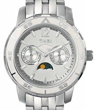 Timex Womens Silver Textured Dial Moon Phase Day & Date Stainless Steel Bracelet Watch T2N078