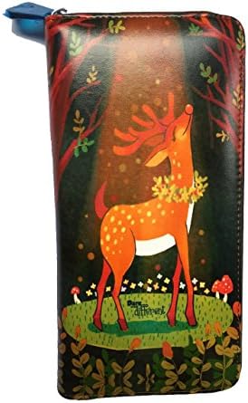 XMR Unisex Cartoon Dancing Deer Print Genuine Leather Zipper Clutch Wallet Coin Phone Checkbook