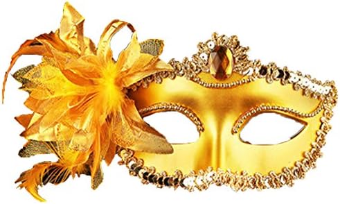 BAGIRL Fashion Ladies Flower and Feathers Lace Mask Masquerade Halloween Décor Mask (Golden)