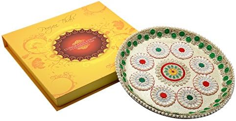 Ethnic Style Handcrafted Pearl & Stone Work Stainless Steel Decorative Poojan Thali Set With Idol Of Laxmi Ganesh Ji