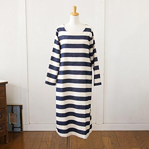 (イチ) ICHI 太ボーダー柄　ボートネック長袖ワンピース フリーサイズ ネイビー×オフ