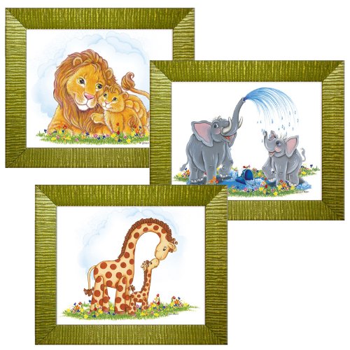 Jungle Theme Childrens Wall Art, Kids Wall Art, Nursery Art - Giraffes, Lions, Elephants, 3 Frame Collection, 11