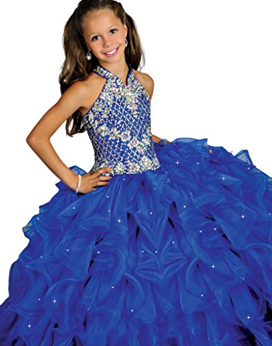 Y&C Girls Halter Crystal Floor Length Ruffled Ball Gown Beads Pageant dresses