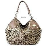 Bronze Large Vicky Leopard Print Faux Suede Satchel Bag Purse Handbag