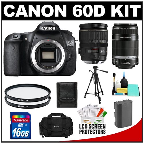Canon EOS 60D 18.0 MP Digital SLR Camera Body (Outfit Box) & EF 28-135mm IS USM & EF-S 55-250mm IS Lenses with 16GB Card + Battery + Case + Tripod + UV Filters + Cleaning Accessory Kit