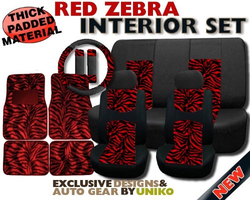 New and Exclusive Mesh Animal Print Interior Set Red Zebra 15pc Seat Covers Front & Back Lowback, Back Bench, Steering Wheel & Seat Belt Covers - Floor Mats On Sale
