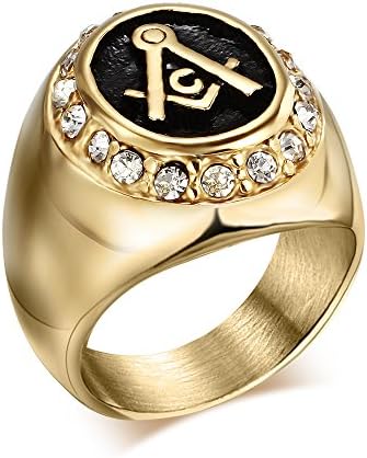 Gold Plated Stainless Steel Vintage Rhinestone Crystal Masonic Freemason Rings,Size 7