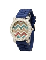 Womens Chevron Watch Large Face Dark Blue Silicone Band Silvertone CZ Rhinestones - DKBLUE