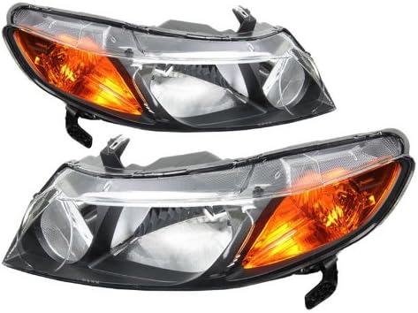 Black Headlight Lamp Light Amber Reflector For Honda 06-08 Civic 4DR FA/FD/FG