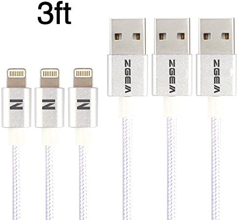 ZGEM 3Pack 3FT Nylon Braided Data Sync Charging Cable Cord For iPhone 7, 7 plus, 6, 5, iPad Air Mini Pro on iOS10 (Silver)