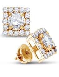 14K Yellow Gold Round Brilliant Cut Diamond - Square Princess Shape Halo Prong Set Studs Earrings with Secure Screw Back Closure - (.87 cttw.)