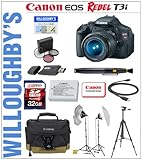 Canon EOS Rebel T3i 18 MP CMOS Digital SLR Camera with EF-S 18-55IS II Lens + LEXSpeed 32GB SDHC Class 10 Memory Card + Canon LPE8 Spare Battery + Sunpak 6600DX Digital Tripod + Smith-Victor KT500U Lighting Kit + Canon Deluxe Gadget Bag & Much More! Willoughby's Est. 1898 Lighting Bundle