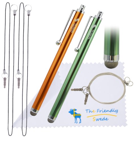 The Friendly Swede Bundle of 2 Micro-Knit Hybrid Fiber Tip Capacitive Stylus Pens 5.2Â¡Â± + 4 x 15Â¡Â° Rubberized Steel and Elastic Tether Lanyards + Cleaning Cloth (Orange + Green)