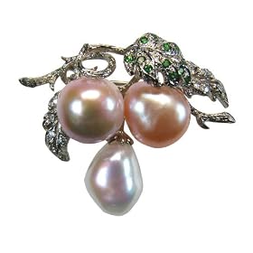 Vine Leaves Tri Color Baroque Cultured Pearl Fruit Sterling Silver Brooch by Dahlia