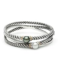 Sterling Silver Twisted Rope Hinged Bracelet with White Freshwater Pearl, Black Tahitian Pearl, 14K Yellow Gold and Diamond Accents