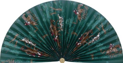 Neat Pleats Decorative Fan, Hearth Screen, or Overdoor Wall Hanging - English Fox Hunt in Dark Teal Green with Hounds Dogs, Horse, & Rider - LARGE