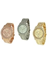 3 PACK Geneva Silver Gold and Rose Gold Plated Classic Round CZ Ladies Boyfriend Watch