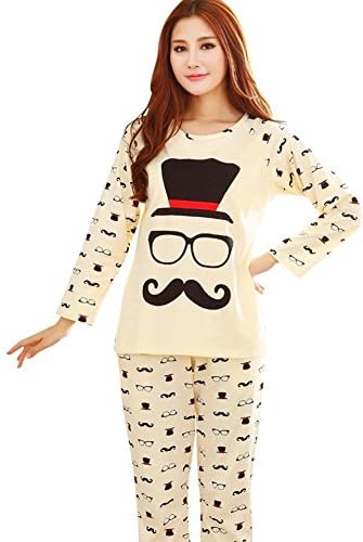 Warmjama Womens Cartoon Mustache Cotton Pjs Couples Matching Pajamas M Beige