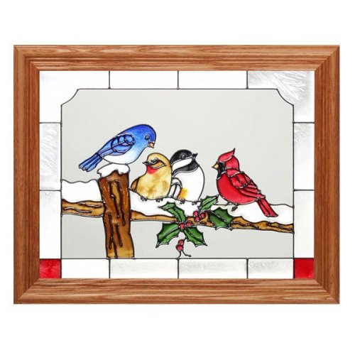 Medium Oak Framed Art Glass Birds On A Snowy Fence Window Hanging Suncatcher 13 x 16