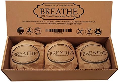 Breathe Bath Bomb Gift Set - Therapeutic Respiratory Blend - 3 Extra Large, 2 3/4 6.0 Oz. Fizzies by Natural Spa Bath