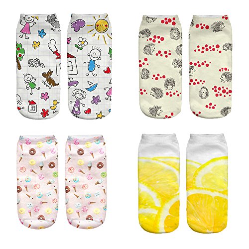 Mani Women Low Cut Ankle Socks Multi Pattern Cartoon 3D Printed Socks Pack of 4 or 6