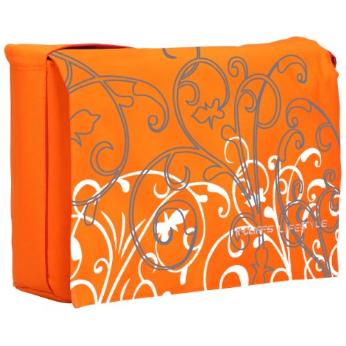 Fleur 15.4-Inch Floral Abstract Padded Compartment Shoulder Messenger Bag for Laptop/Notebook - White/Orange
