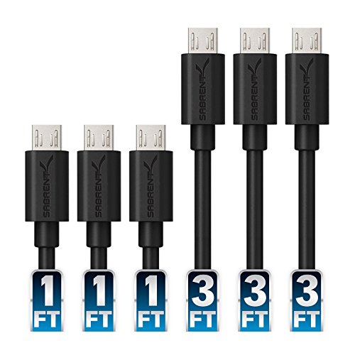 Sabrent [6-Pack] 22AWG Premium Micro USB Cables (X3-3ft + X3-1ft) High Speed USB 2.0 A Male to Micro B Sync and Charge Cables [Black] (CB-U631)