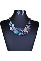 iNewcow Tibetan Silver Blue Peacock Crystal Earrings Necklace Set For Wedding Party