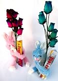 Gift Set Of 2 Plush Easter Bunny Rabbit Stuffed Animals Holding Glass Bud Vases With Beautiful Life-like Wooden Rose Petal Flowers & Toblerone Candy Bars