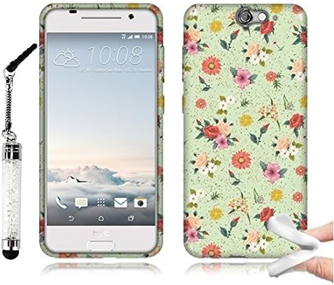Tadnil Bundle HTC One A9 Aero Flexible Slim Silicone TPU Skin Protector Cover Case - Colorful Flowers on Sea Foam Pattern + Crystal Stylus