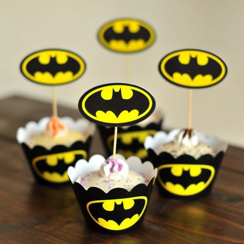 Pack of 24(12pcs Wrappers +12pcs Toppers) Cute Cupcake Wrappers Cakes Decoration Birthday Party Favors for Kids Festa Cake Toppers Picks Kids Party Supplies (Batman@2)