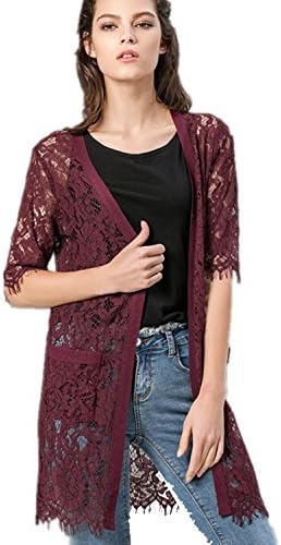 Women's 3/4 Sleeve Hollow Sheer Knit Open Lace Cardigan Top Sun shirt (L, Red)