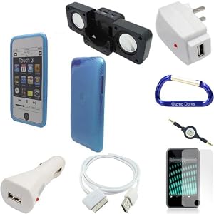 Combo Pack for the Apple iPod Touch 3G/2G MP3 Player: Blue Rubberized Thermoplastic Polyurethane (TPU) Skin Case, Foldable Cube Speaker Dock, USB Data Sync Charging Cable, USB Car Charger, USB Wall Travel/Home Charger, 3.5mm Auxiliary Stereo Retractable Cable, Screen Protector, and Free Carabiner Key Chain