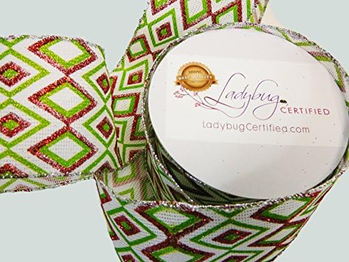 Green and Red Wired Ribbon, Christmas Holiday Ribbon, Glitter Diamonds, #40, 2 1/2 Inches By 10 Yards Per Spool