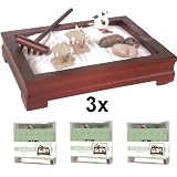 Produkt-Bild: 3er Set Miniatur ZEN-Garten jeweils mit Holzbeh&auml;lter, Gartenrechen, 3 Figuren, weissem Sand komplett in Geschenkpackung