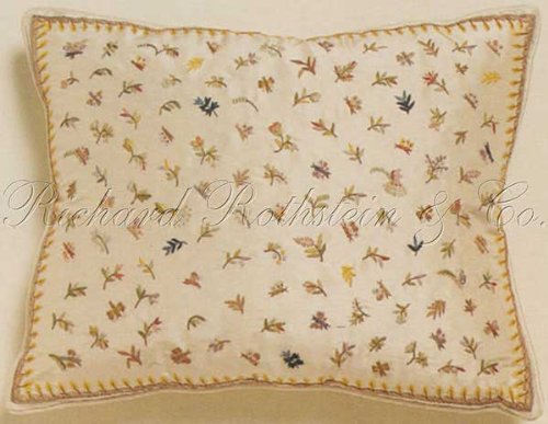 Silk Tiny Flowers and Bugs Syemmetrical Feng Shui Style Pillow with Brown Framing and Yellow Seaming Embroidered on a White Throw Pillow Free Shipping!