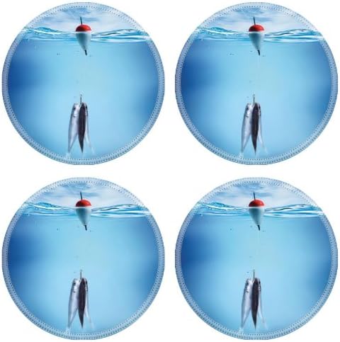 Good Bait Small Fishes Hooked Round Coaster (4 Piece) Set Fabric Rubber 5 Inch Size Luxlady Coaster Cup Mug Can Water Bottle Drink Coasters Stain Resistance Collector Kit Kitchen Table Top Desk