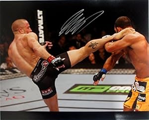 Georges St-Pierre GSP Signed MMA UFC 16x20 Hendricks Leg Kick Photo SI