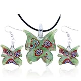 Green Butterfly Dichroic Pendant And Earring Murano Glass Jewelry Set
