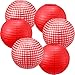 Blulu Picnic Decorations - Checkered Round Paper Lanterns for BBQ Pizza Party - Red and White Plaid, Pure Red (6 Pieces)