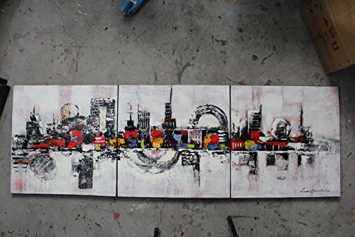 TJie Art Hand Painted Mordern Oil Paintings Wall Decor Abstract City Clouds Home Landscape Oil Paintings Splice 3-piece/set on Canvas