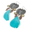 Feather Drop Pierced Fashion Earrings Burnt Silver & Turquoise Blue