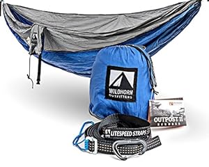 Outpost Camping Hammock With Adjustable Suspension System- Includes 11' 100% Polyester Tree Straps, Wire Gate Carabiners- Double Size - 100% Ripstop Parachute Nylon (Gray/Blue, Double)