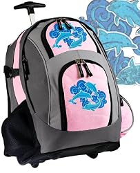 DOLPHIN Rolling Backpack Deluxe Pink Dolphins - Backpacks Bags with Wheels or School Trolley Carry-On Bags - Unique Wheeled Gifts for Girls Ladies- CUTE!