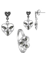 Sterling Silver Fancy Heart Marcasite Jewelry Set Ring Size 5.5