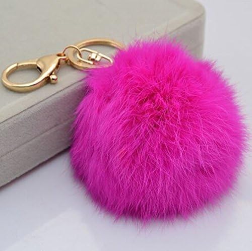 Mixfashion Cute Plush Genuine Rabbit Fur Key Chain Key Ring (Rose red)