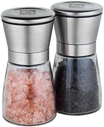 Cuisineye Salt and Pepper Grinder Set with 5 Settings Stainless Steel Handles Clear Glass Body Burr Grinder