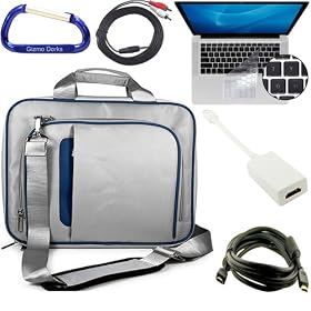 Grey / Blue Apple MacBook Pro / MacBook Air 15.4 Inch Laptop Shoulder Strap Carrying Case Bag, Keyboard Silicone Skin Cover, Mini DisplayPort Male to HDMI Female Adapter, HDMI Male to Male 6 Feet Extension Cable, 3.5mm to RCA Auxilliary Stereo Cable, and a Free Carabiner Key Chain