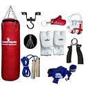 Vinyl Red Punch Bags Set 5 feet with Free Chrome Plated chain, Bag Mitts, Heavy dute Metal Ceiling Hook, Nylon Skipping Rope Blue, Boxing Glove UK Flagged Miniature and novelty, Boxing Gloves Key Chain Red and Blue Hand Wraps