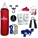 Vinyl Red Punch Bag Sets 3 feet with Free Chrome Plated chain, Bag Mitts, Heavy dute Metal Ceiling Hook, Nylon Skipping Rope Blue, Boxing Glove UK Flagged Miniature and novelty, Boxing Gloves Key Chain Red and Blue Hand Wraps